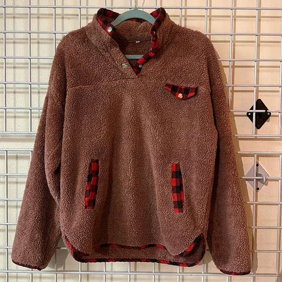 Dusty Rose Sherpa Pullover with Black & Red Plaid Trim - Picture 1 of 5